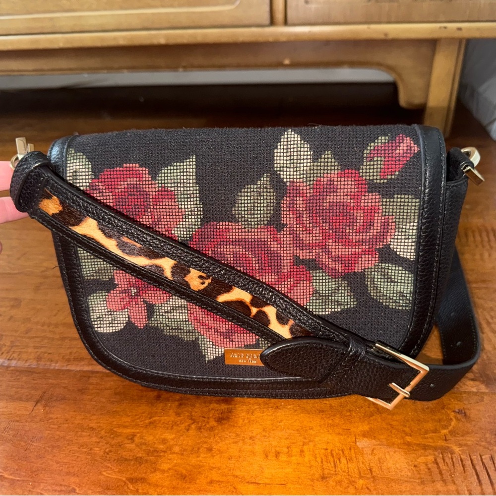 Kate Spade Black Floral Crossbody with Leopard Strap